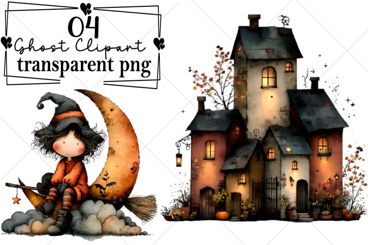 Whimsical Halloween Ghost Clipart Watercolor PNG example image 1
