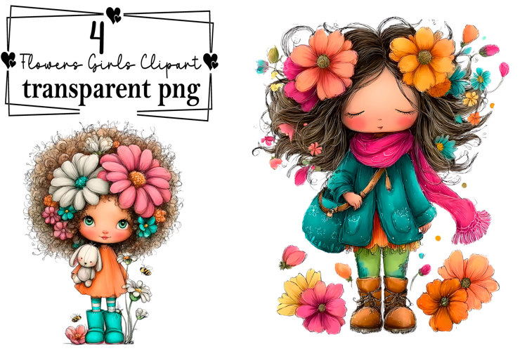 Whimsical Flowers and Girls Clipart Watercolor PNG example image 1