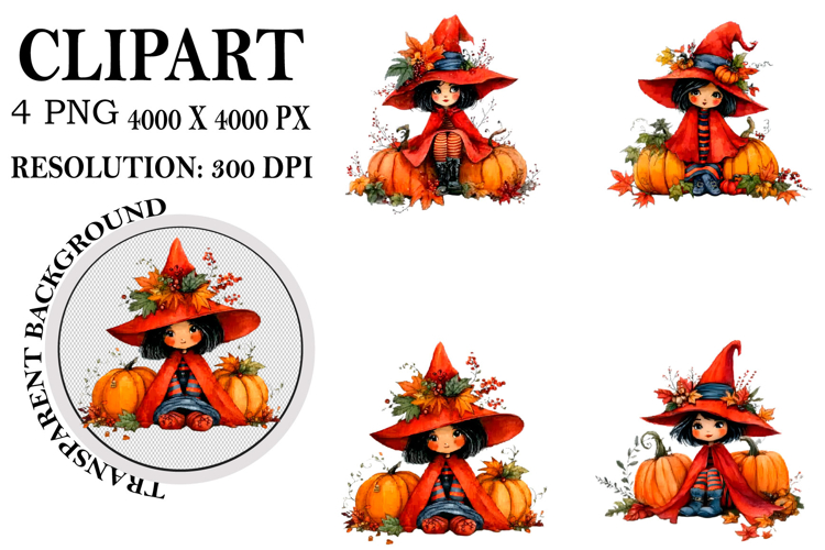 Whimsical Halloween Girl Clipart Watercolor PNG example image 1