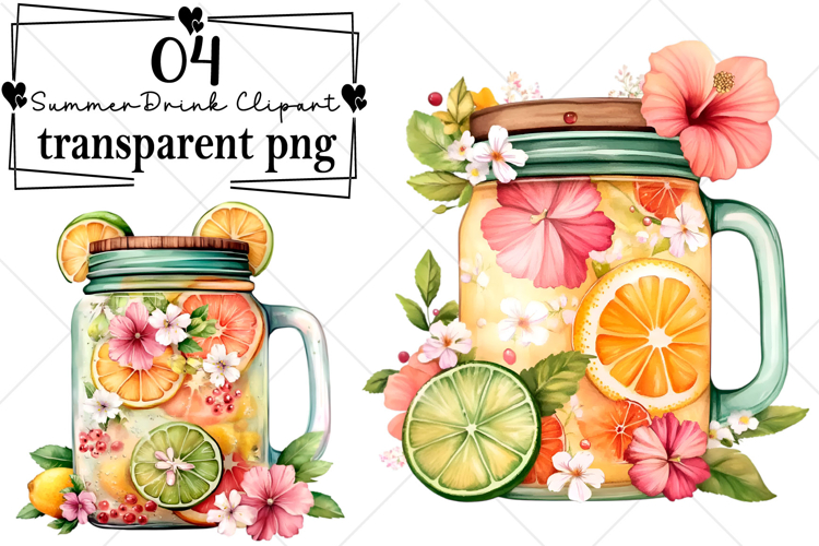 Whimsical Summer Tropical Drink Clipart Watercolor PNG