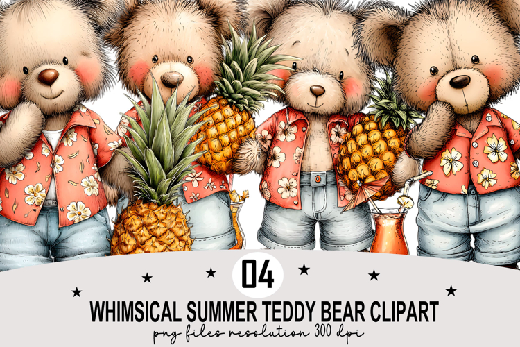 Whimsical Summer Teddy Bear Clipart Watercolor PNG