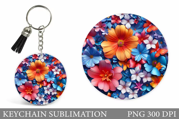 3D Flowers Keychain Design. Butterflies Keychain Sublimation