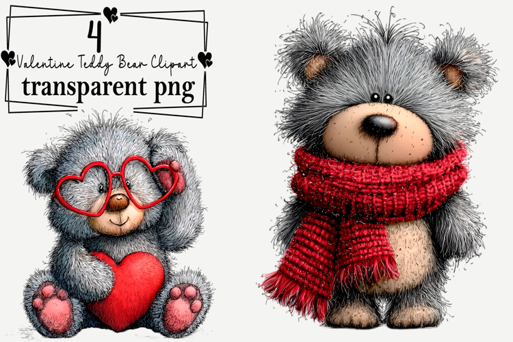 Whimsical Valentine Teddy Bear Clipart Watercolor PNG example image 1