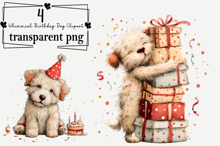 Whimsical Birthday Dog Clipart Watercolor PNG example image 1