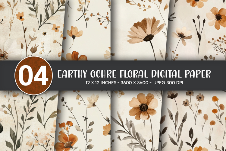 Earthy Ochre Floral Digital Paper