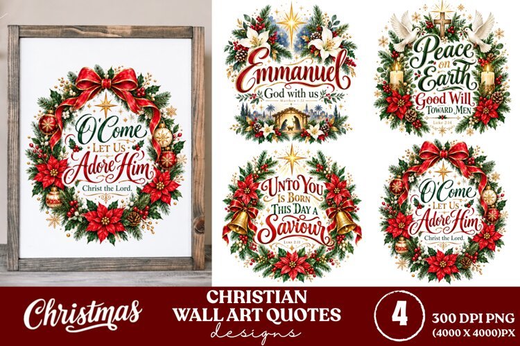 4 Christian Christmas Wall Art PNGs, 4 Bible Verse Christmas example image 1