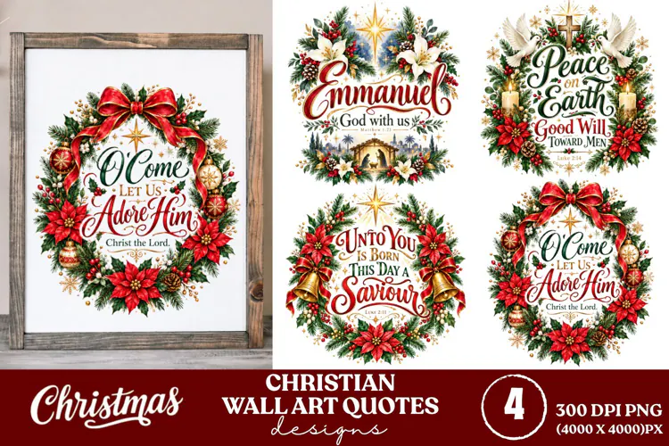 4 Christian Christmas Wall Art PNGs, 4 Bible Verse Christmas