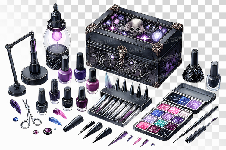 Gothic Nail Art Set Black Purple Halloween PNG Cosmetics