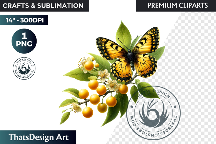 Vibrant Butterfly with Fruit PNG, Tropical Summer Clipart