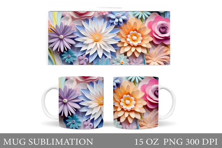 3D Flowers Mug Wrap Design. Flowers Mug Wrap Template