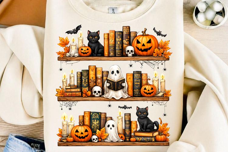 Spooky Halloween Bookshelf Ghost Library PNG