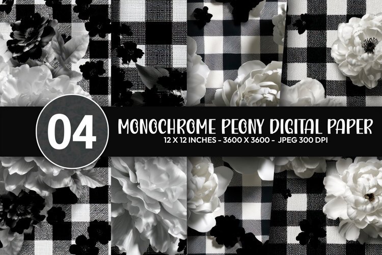 Monochrome Peony Digital Paper example image 1