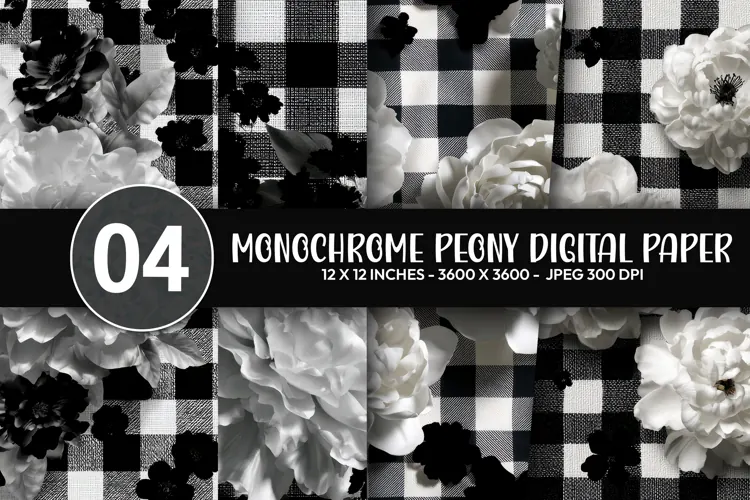 Monochrome Peony Digital Paper