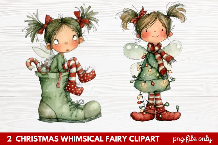 2 Christmas Whimsical Fairy Clipart | Cute Holiday Fairies