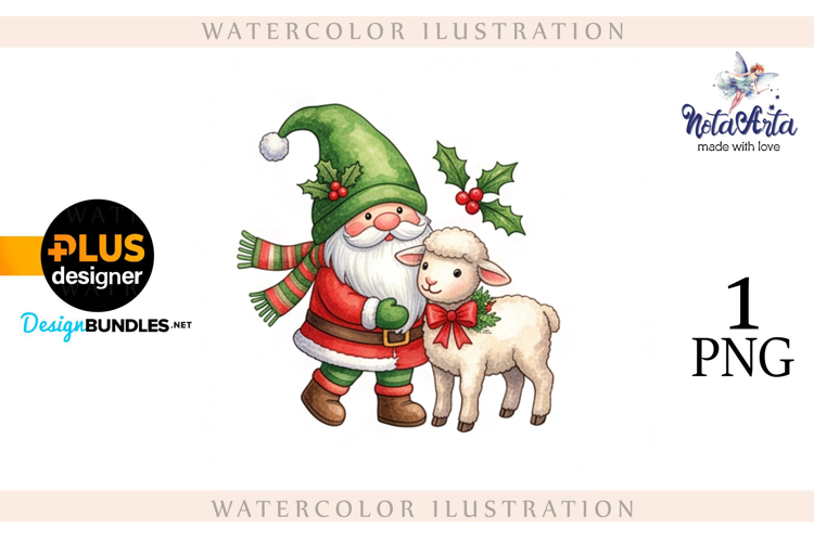 Christmas Gnome Santa with a Sheep in Watercolor Style