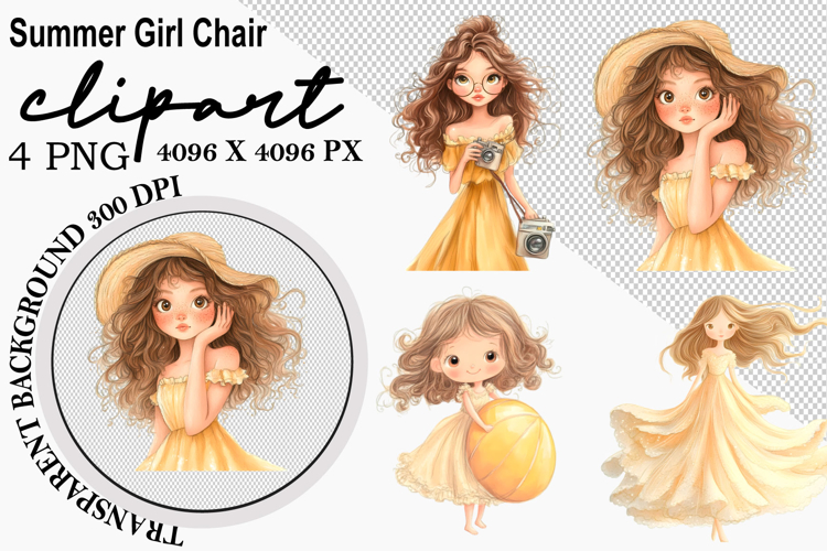 Whimsical Summer Girl Chair Clipart Watercolor png
