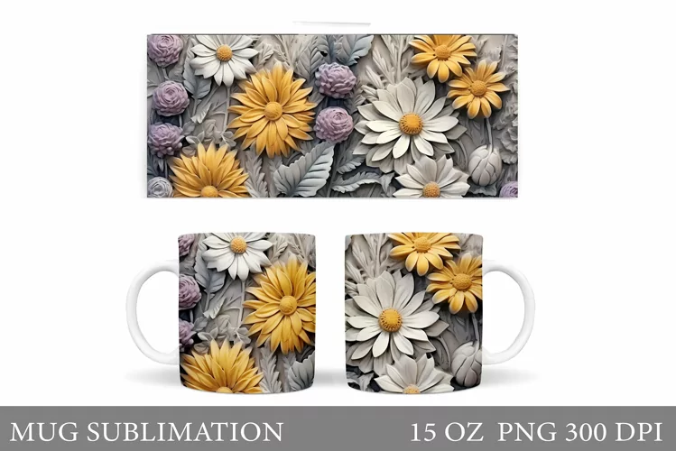 3D Flowers Mug Sublimation. Flowers Mug Wrap Design