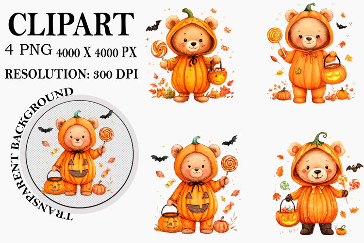 Halloween Bear Clipart Watercolor PNG