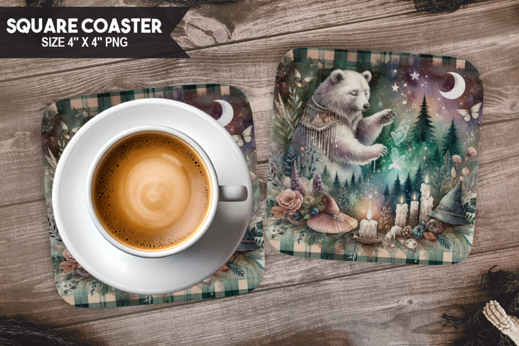 Bear, Fantasy   Whimsy, Buffalo Plaid Square Coaster PNG