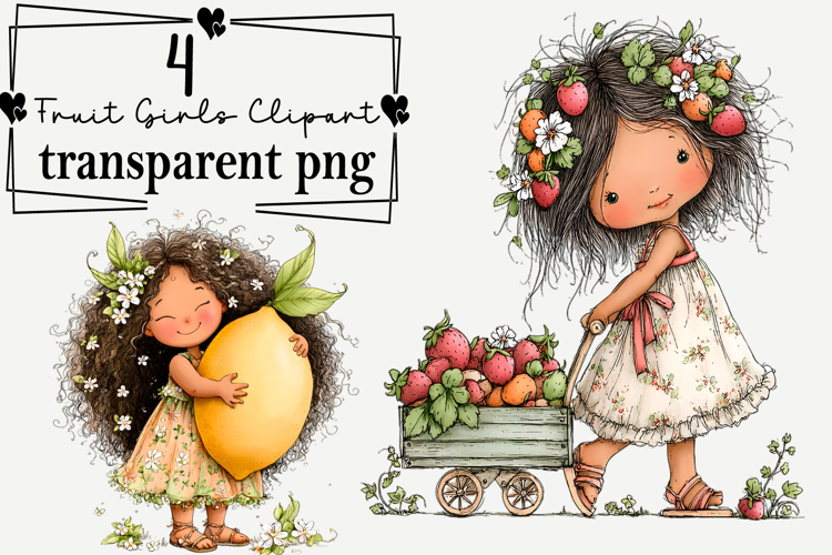 Whimsical Fruit Girls Clipart Watercolor PNG example image 1