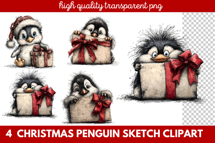 Christmas Penguin Sketch Clipart | Hand-Drawn Holiday