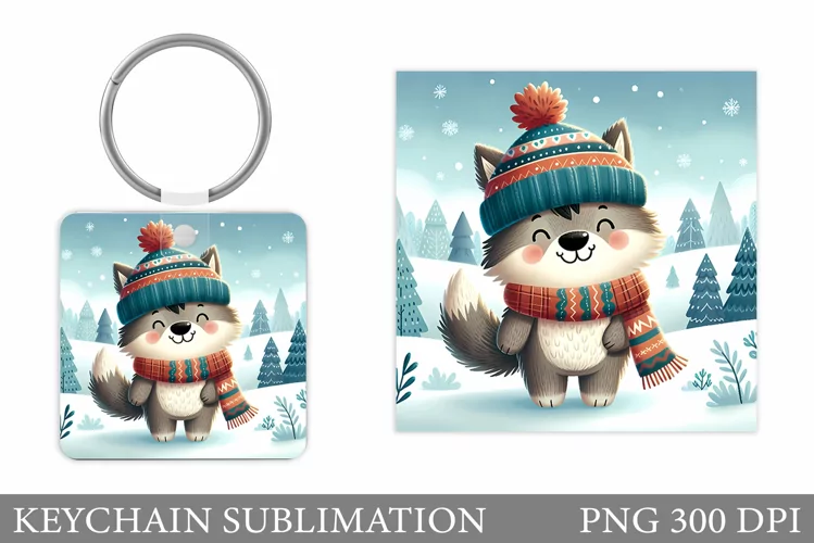 Christmas Wolf Keychain. Christmas Keychain Sublimation