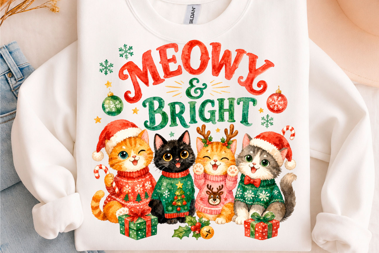 Meowy Bright Christmas Cat Holiday T-Shirt Design