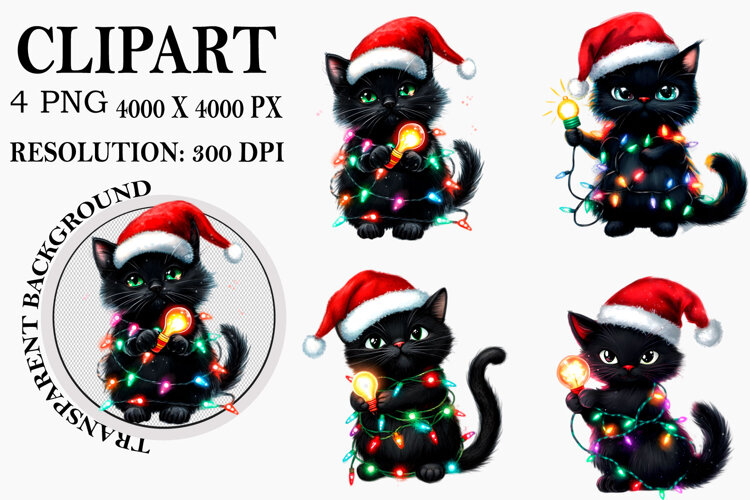 Whimsical Funny Christmas Cat Clipart Watercolor PNG example image 1