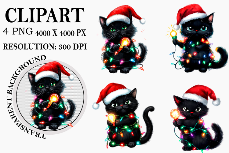 Whimsical Funny Christmas Cat Clipart Watercolor PNG