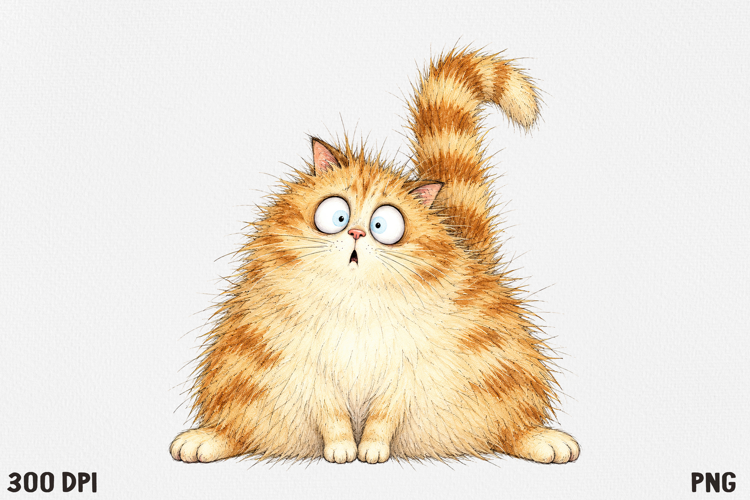Funny Fluffy Cat Clipart PNG, Cute Crazy Cat Illustration.