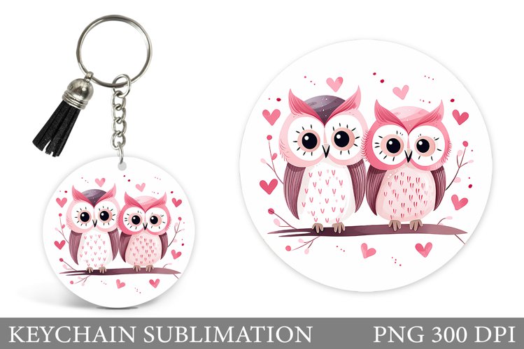 Valentines Owl Keychain Design. Cute Owl Round Keychain