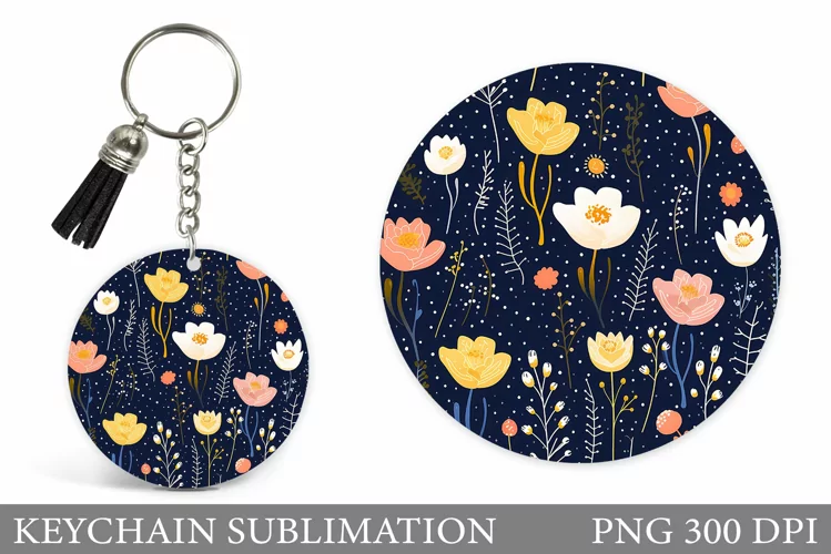 Wildflowers Keychain Design. Round Keychain Flowers Template