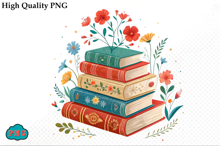 Watercolor Floral Books Clipart PNG