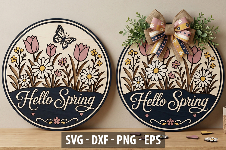 Hello Spring Door Hanger SVG| Floral Round Sign