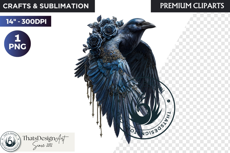 Floral Ravens Fantasy clipart, Gothic Botanical Bird Graphic