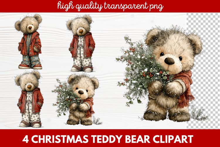 4 Christmas Teddy Bear Clipart | Cute Holiday Bear PNG Illus