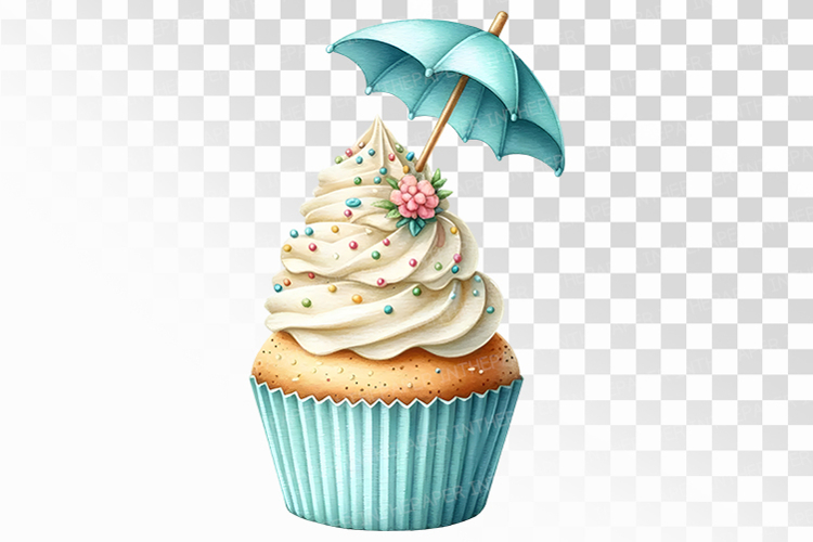 Cupcake with Blue Umbrella Topper and Sprinkles PNG