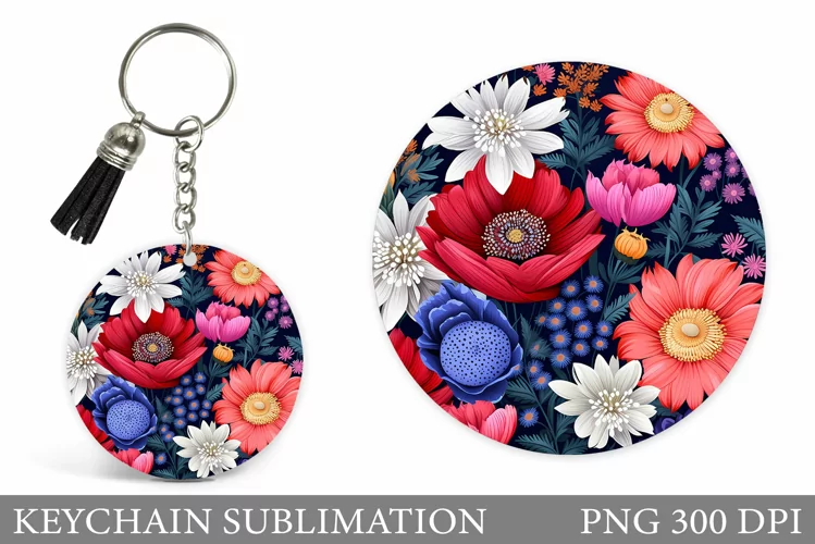 Flowers Keychain Sublimation. Flowers Round Keychain Design