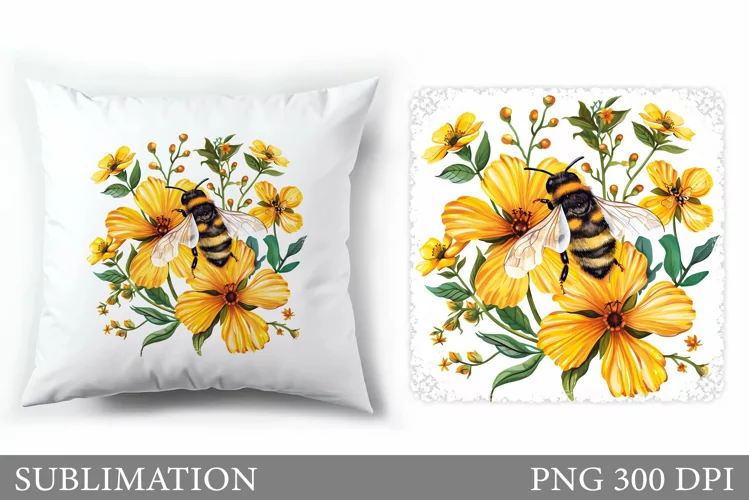 Bee Pillow Design. Flowers Pillow Sublimation