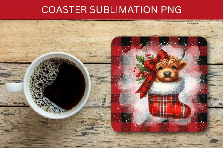 square coaster - highland cow in christmas stocking
