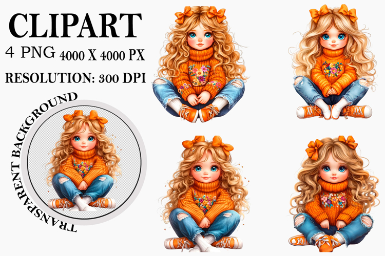 Watercolor Autumn Quirky Girl Clipart Watercolor PNG
