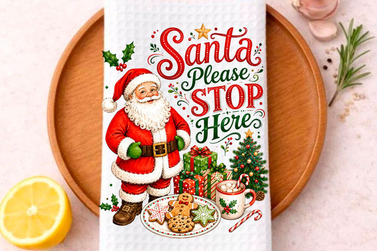 Santa Please Stop Here PNG Christmas Kitchen Towel