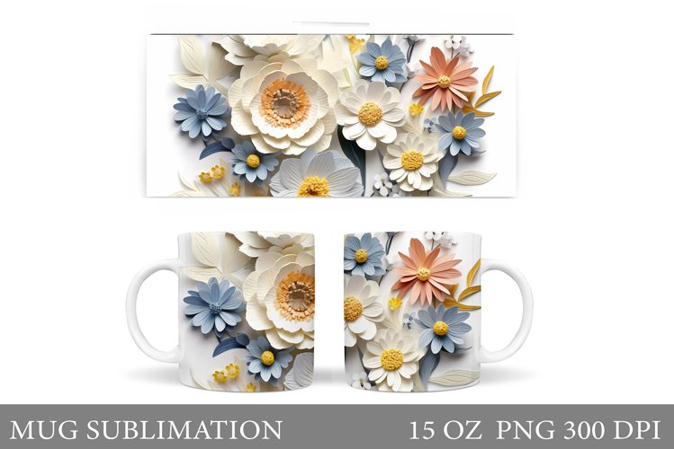 Wildflowers Mug Wrap Design. 3D Flowers Mug Wrap Sublimation