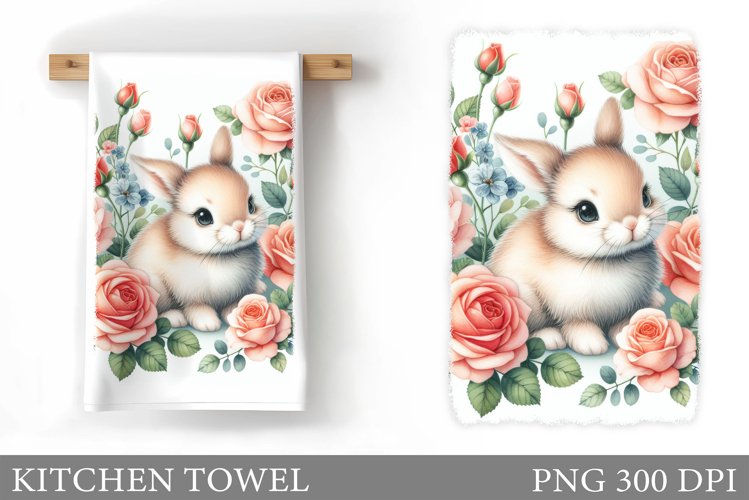 Cute Bunny Kitchen Towel. Flowers Kitchen Towel Sublimation example image 1