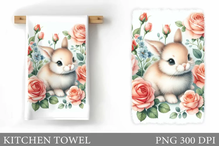 Cute Bunny Kitchen Towel. Flowers Kitchen Towel Sublimation