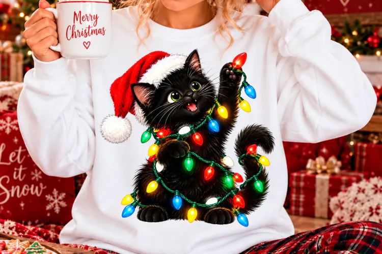 Cute Black Cat Christmas Lights Sublimation PNG