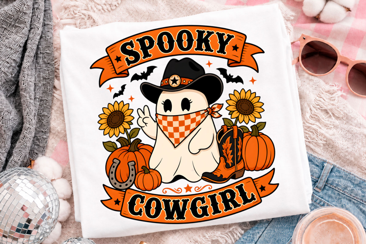 Spooky Cowgirl Ghost Halloween T-Shirt Design With Pumpkin