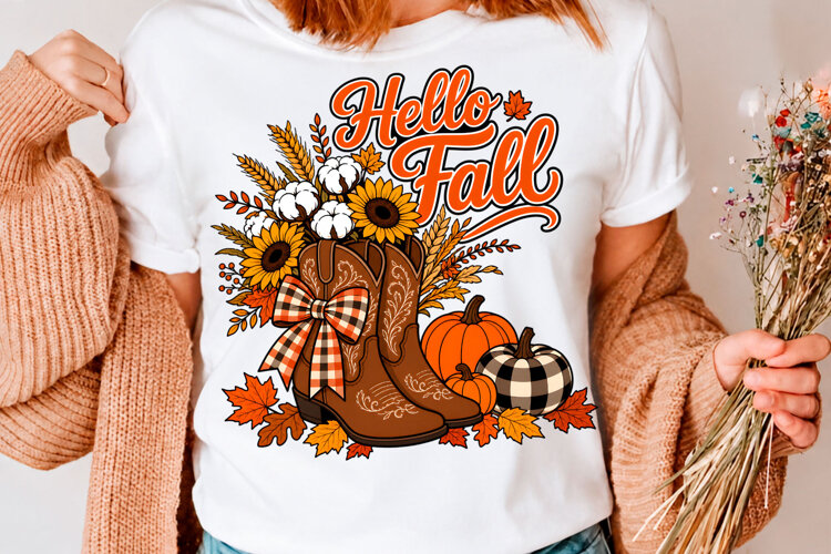 Hello Fall Boots And Pumpkin Autumn T-Shirt Design example image 1