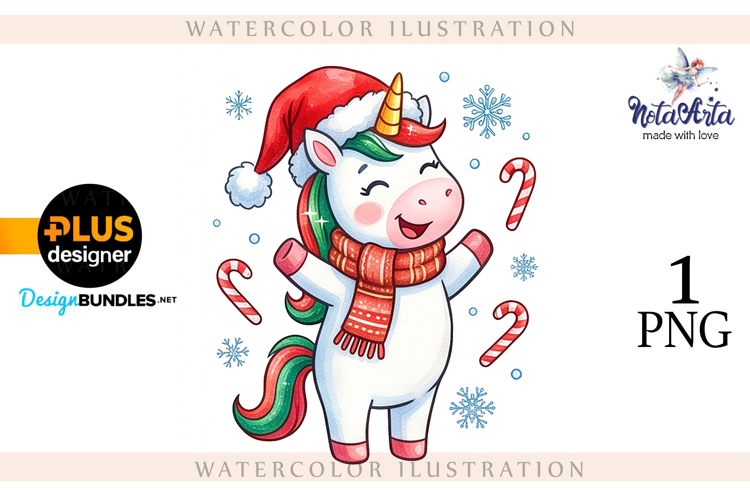 Christmas Unicorn Watercolor Illustration