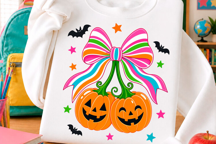 Cute Halloween Pumpkin Bow T Shirt Design example image 1